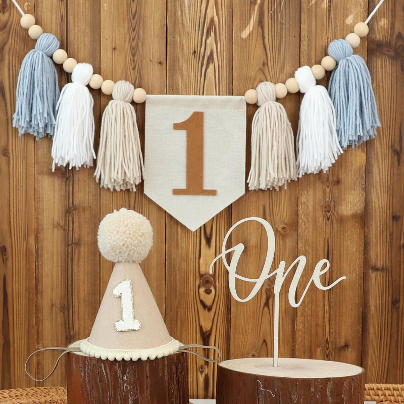 DCJHFJ First Birthday High Chair Banner Decorations For Boy 1st Birthday Hat With One Cake Topper Photo Backdrop - Image 2