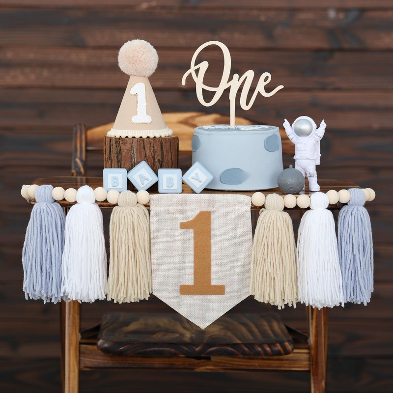 DCJHFJ First Birthday High Chair Banner Decorations For Boy 1st Birthday Hat With One Cake Topper Photo Backdrop - Image 1