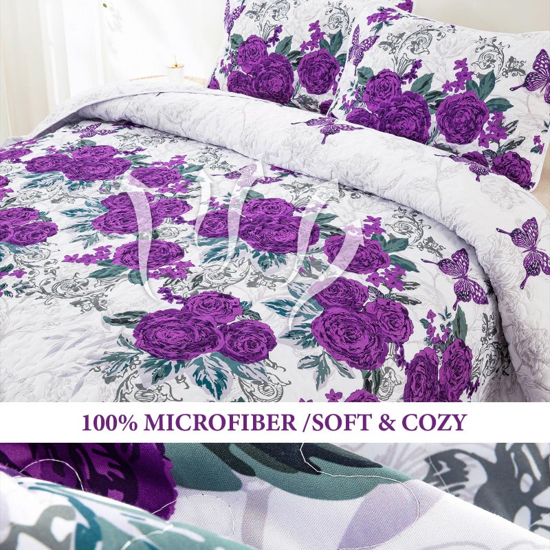 Yiran Purple Floral Bedspreads Queen Size Rose Flowers Quilt Bedding Set 3 Pieces Lightweight Microfiber Botanical Coverlet with 2 Pillow Shams for All Season 96x90 Inch - Image 4
