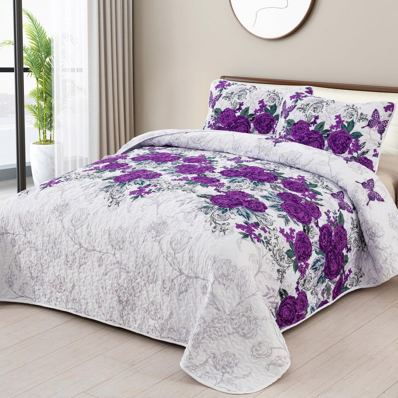 Yiran Purple Floral Bedspreads Queen Size Rose Flowers Quilt Bedding Set 3 Pieces Lightweight Microfiber Botanical Coverlet with 2 Pillow Shams for All Season 96x90 Inch - Image 2