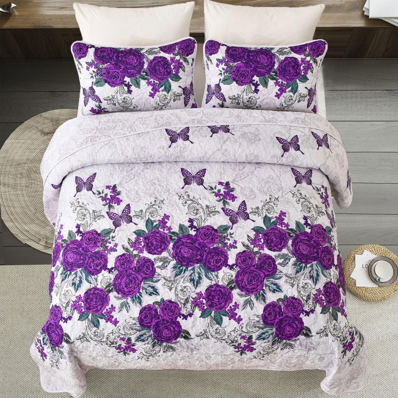 Yiran Purple Floral Bedspreads Queen Size Rose Flowers Quilt Bedding Set 3 Pieces Lightweight Microfiber Botanical Coverlet with 2 Pillow Shams for All Season 96x90 Inch - Image 3