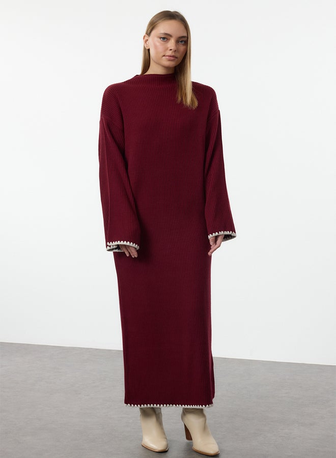 trendyol Burgundy Stitch Detailed Long Knit Dress - Image 2
