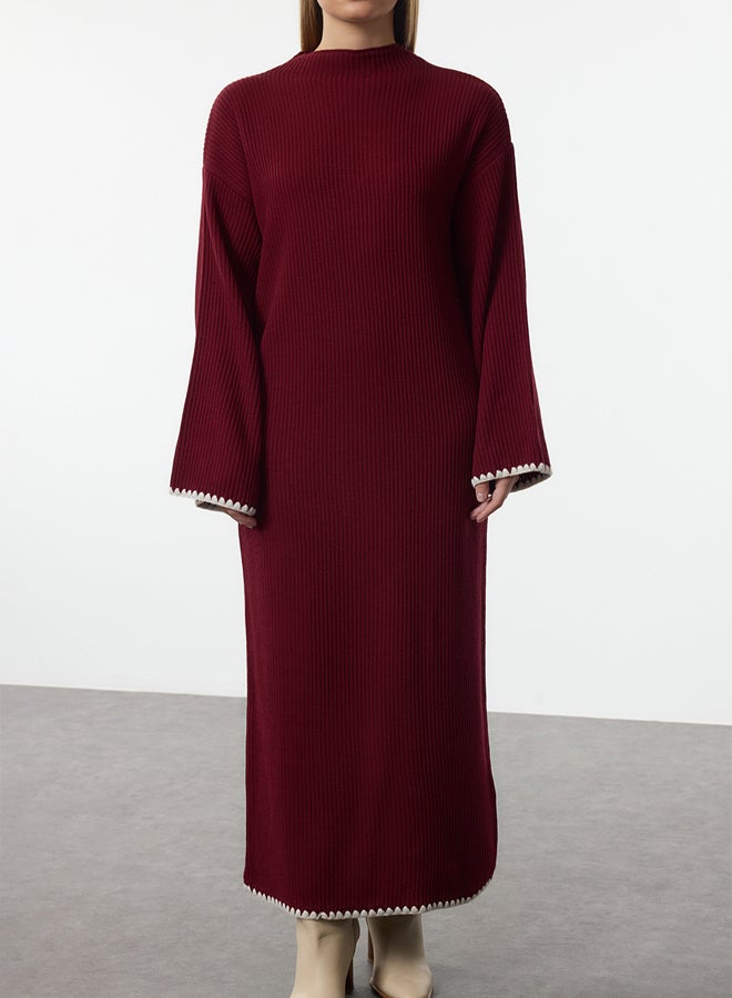 trendyol Burgundy Stitch Detailed Long Knit Dress - Image 4