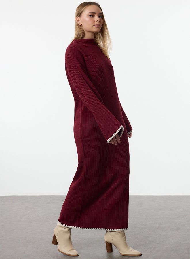 trendyol Burgundy Stitch Detailed Long Knit Dress - Image 1