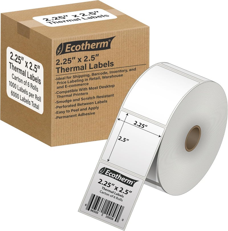 Ecotherm 2.25" x 2.5" Thermal Labels | 6 Rolls | 6000 Labels | fits Zebra, Munbyn, Rollo, Godex, Arkscan, iDPRT, Offnova Thermal Label Printers and More | Blank White Adhesive Stickers by - Image 1