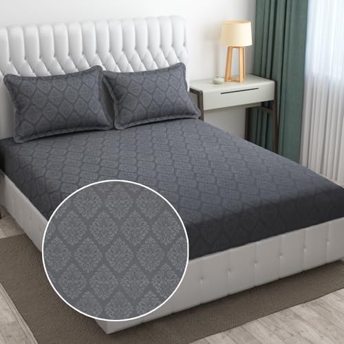 FRESH FROM LOOM Microfiber King Size Bedsheet - Hypoallergenic, Wrinkle Free, Bed Sheets with 2 Pillow Covers (90 x 95 Inches | Grey, Damas Design) - Image 1