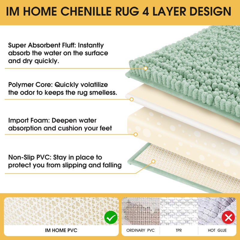 ACCUMTEK Upgrade Extra Large Sage Bathroom Rug Set 3 Pieces Ultra Soft, Thick Absorbent Bath Mats, Non Slip Chenille Toilet Mat for Bathroom, Bedroom, Kitchen, Mint - Image 4