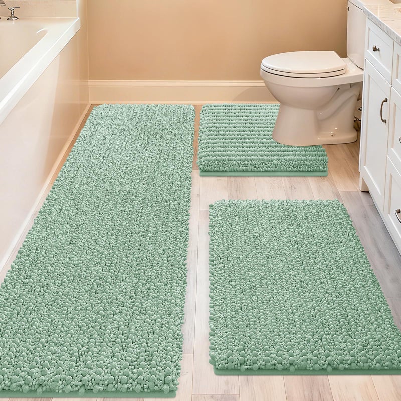 ACCUMTEK Upgrade Extra Large Sage Bathroom Rug Set 3 Pieces Ultra Soft, Thick Absorbent Bath Mats, Non Slip Chenille Toilet Mat for Bathroom, Bedroom, Kitchen, Mint - Image 1