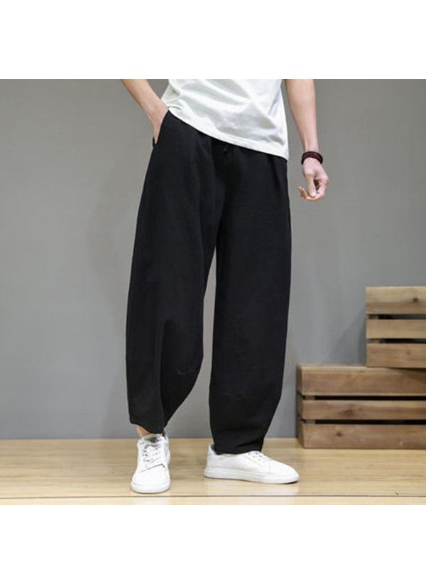 Generic - Cotton Linen Mens Casual Pants Summer Thin Straight Leg Loose Fit Long Trousers Comfortable Breathable High Waist Elastic Wine red - Image 1