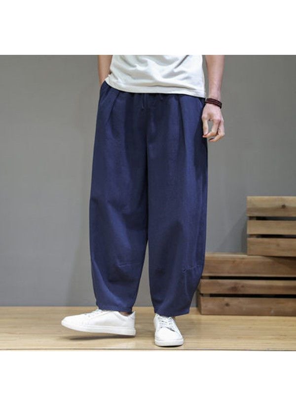 Generic - Cotton Linen Mens Casual Pants Summer Thin Straight Leg Loose Fit Long Trousers Comfortable Breathable High Waist Elastic Wine red - Image 1