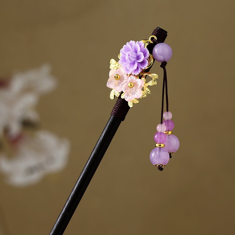 Generic Palace Style Imitation Ebony Hairpin Antique Hanfu Flower Hair Hairpin National Style Tassel Hairpin Ancient Clothing Hair Ornament Half Yuan Xiang
