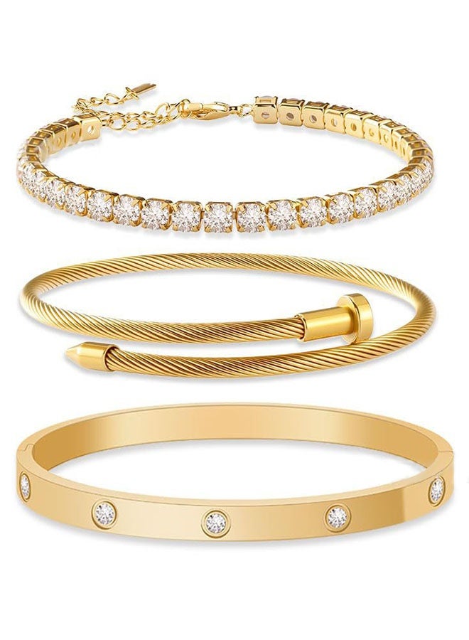 18k Gold-Plated Love Bracelet Set, Flexible Wide Wristband Bracelet Set, Suitable For Love - Image 1
