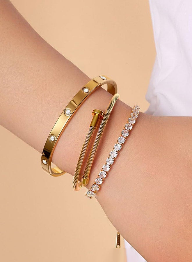 18k Gold-Plated Love Bracelet Set, Flexible Wide Wristband Bracelet Set, Suitable For Love - Image 5