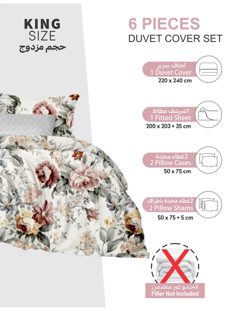 Donetella Printed Duvet Set, King Size 220x240 cm - 6-Pcs Bed Set, Microfiber Fabric - 1 Duvet Cover, 1 Fitted Sheet, 2 Pillow Shams, 2 Pillowcases (Filler Not Included)
