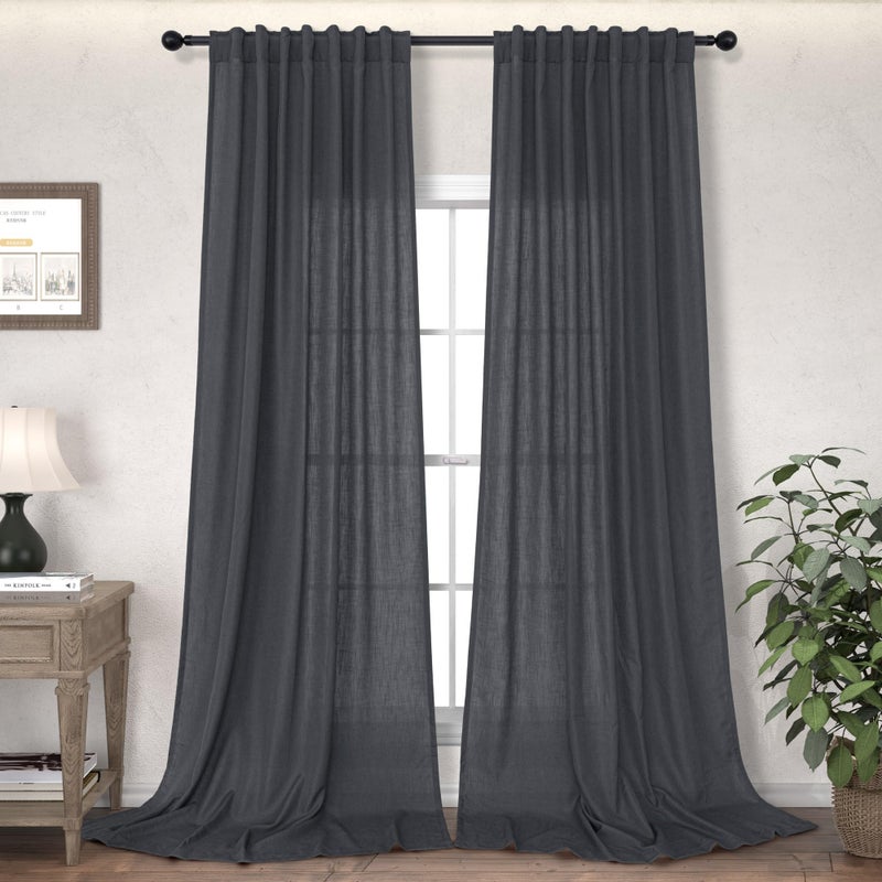 Dark Grey Curtains 96 Inches Long for Living Room 2 Panels Back Tab Pocket Light Reducing Semi Sheer Privacy Opaque Charcoal Gray Linen Curtains for Bedroom Home Office Rustic Country Chic Decor 52x96