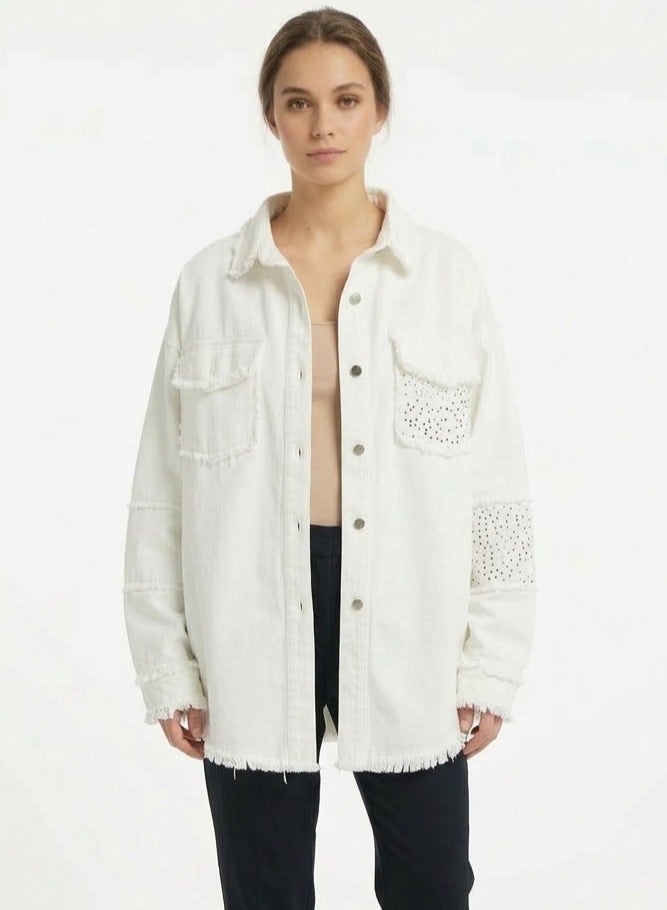 Women oversized buttoned denim jacket jeans white with strass