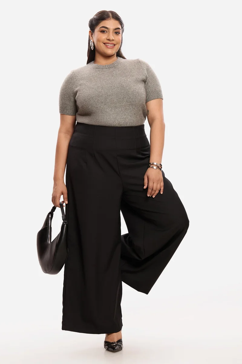 Virgio Solid Cotton High Rise Wide Leg Plus Size Trousers for Women