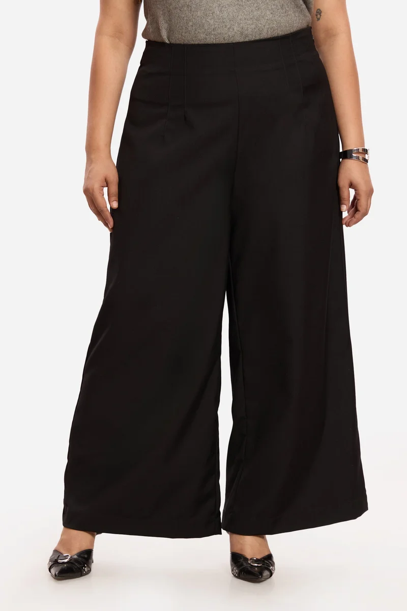 Virgio Solid Cotton High Rise Wide Leg Plus Size Trousers for Women