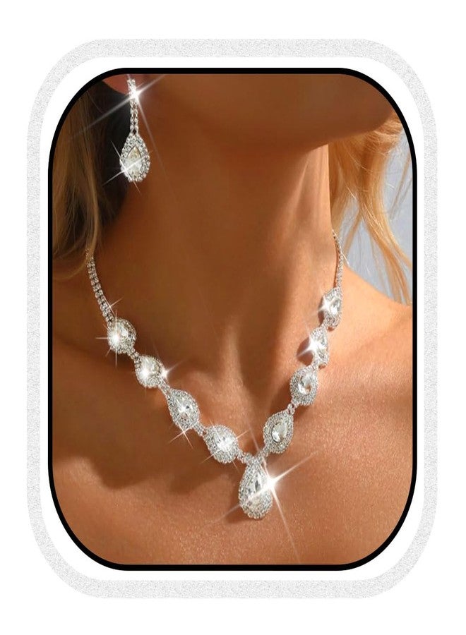 Unicra Bridal Wedding Jewelry Set Silver Rhinestone Necklace Earrings Sets Prom Formal Costume Jewelry for Women and Brides (Silver) - Image 1