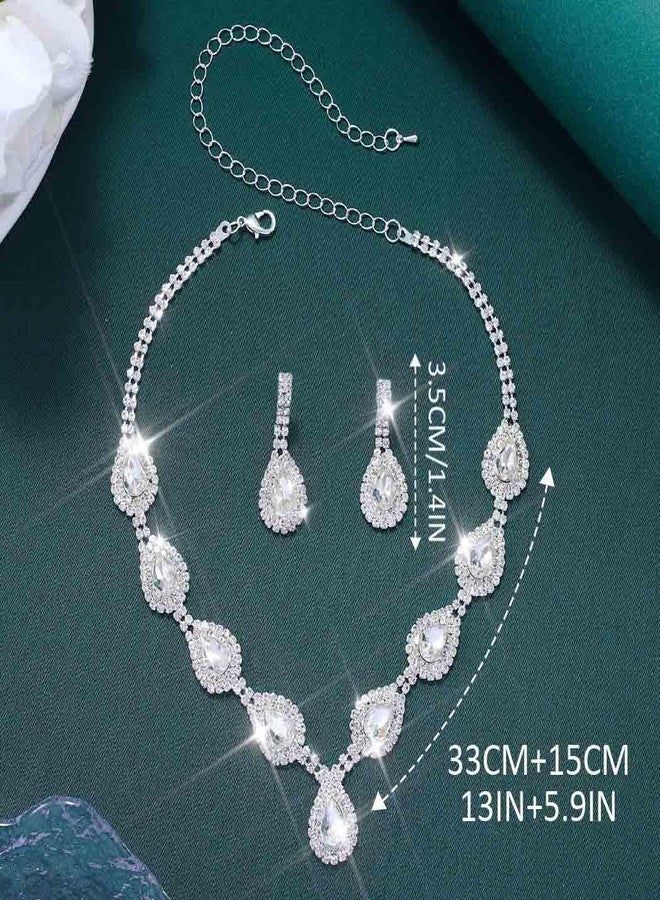 Unicra Bridal Wedding Jewelry Set Silver Rhinestone Necklace Earrings Sets Prom Formal Costume Jewelry for Women and Brides (Silver) - Image 2