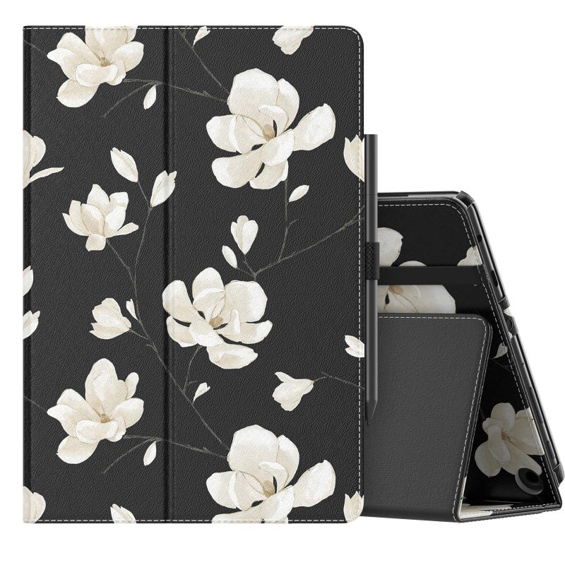 MoKo Case Fits All-New Kindle Fire HD 10 & 10 Plus Tablet (13th/11th Generation, 2023/2021 Release) 10.1" - Slim Folding Stand Cover with Auto Wake/Sleep, Black & White Magnolia - Image 1