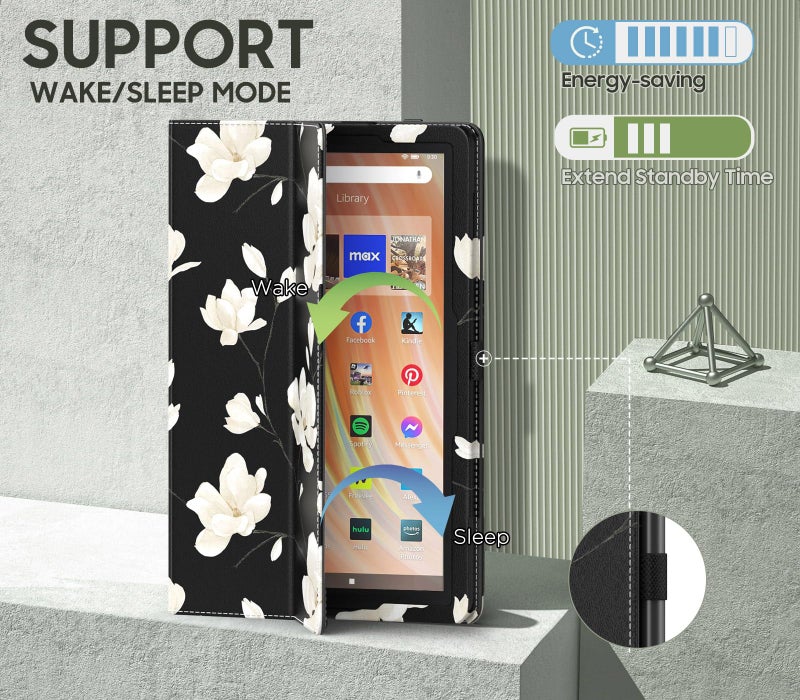 MoKo Case Fits All-New Kindle Fire HD 10 & 10 Plus Tablet (13th/11th Generation, 2023/2021 Release) 10.1" - Slim Folding Stand Cover with Auto Wake/Sleep, Black & White Magnolia - Image 5