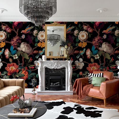 Zeeko Floral Peel and Stick Wall Mural Black Flower Wallpaper for Bedroom TV Background Vintage Wallpaper Large Floral Wall Murals Art Deco 148 W x 98 H - Image 3