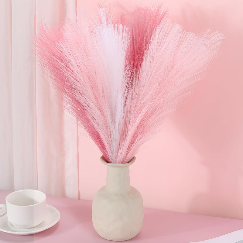 SeptCat 9 Pcs 17" Pampas Grass Pink White Decor Faux Dried Fluffy Fake Small Light Pink Pompas Artificial Pompous Short Stems Bouquet Flower Vase Filler Home Wedding Room Wall Decoration - Image 1