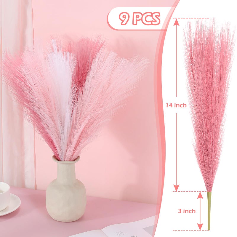 SeptCat 9 Pcs 17" Pampas Grass Pink White Decor Faux Dried Fluffy Fake Small Light Pink Pompas Artificial Pompous Short Stems Bouquet Flower Vase Filler Home Wedding Room Wall Decoration - Image 2
