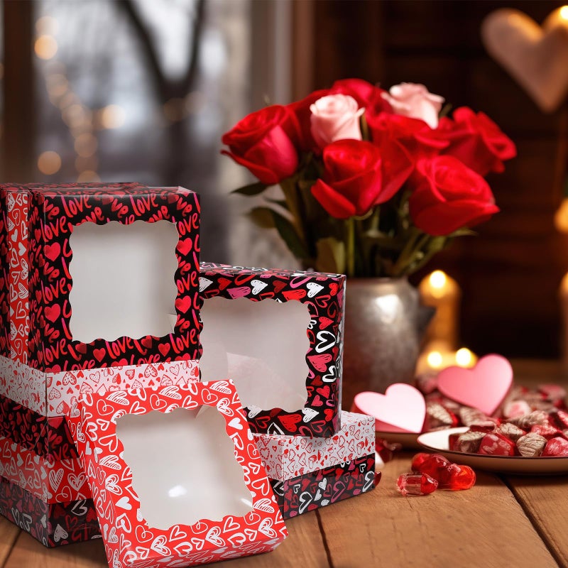 Perthlin 12 Pieces Valentine Cookie Boxes Valentines Day Treat Boxes with Window PVC Heart Bakery Dessert Container Auto Popup Pastry Case for Strawberries, Donuts, Pies, Cake(9.8 x 9.8 x 2.5 Inch) - Image 5