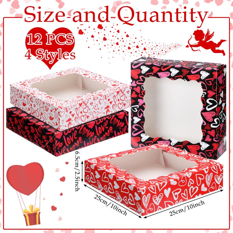 Perthlin 12 Pieces Valentine Cookie Boxes Valentines Day Treat Boxes with Window PVC Heart Bakery Dessert Container Auto Popup Pastry Case for Strawberries, Donuts, Pies, Cake(9.8 x 9.8 x 2.5 Inch) - Image 2