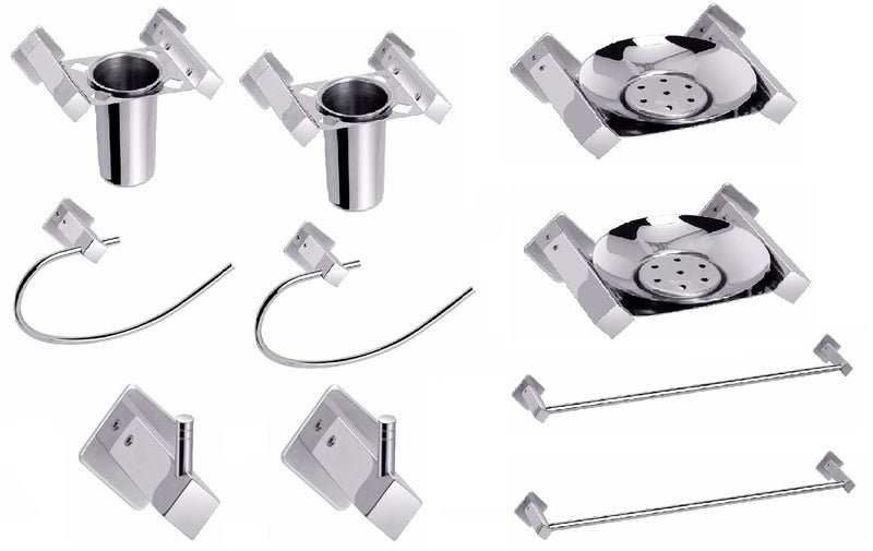 Fortune Stainless Steel Star Series Bathroom Fixtures Combo of 10 Piece Towel RodTowel RingToothbrush HolderSoap DishRobe Hook Set of 2 - Image 1