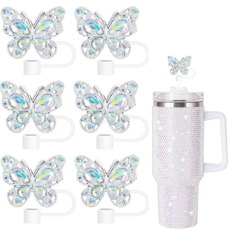 Cussom 6Pcs Shiny Straw Toppers, Diamond Butterfly Straw Covers Cap Compatible with Stanley Cups 30&40 Oz Tumbler with Handle, 10mm/4inches Reusable Silicone Bling Stanley Cup Accessories - Image 1