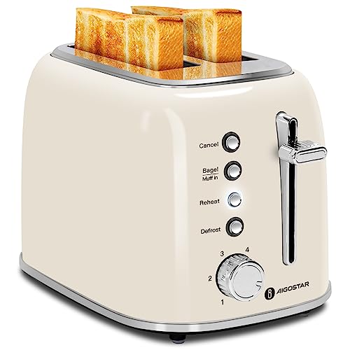Aigostar Toaster 2 Slice, Retro Extra-Wide Slot Toasters Best Rated Prime for Toasting Bagels, Breads, Waffles & More, Cancel, Defrost & 6 Browning, Removable Crumb Tray, Stainless Steel, Cream White - Image 1