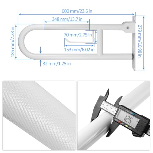 Rackickyer Handicap Grab Bar 236 Inch Stainless Steel Toilet Safety Rails White Disabled FlipUp Bathroom Grab Bars with Paper Holder AntiSlip Toilet Handrails Hand Grips Grab Bars for Elderly - Image 3