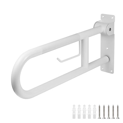 Rackickyer Handicap Grab Bar 236 Inch Stainless Steel Toilet Safety Rails White Disabled FlipUp Bathroom Grab Bars with Paper Holder AntiSlip Toilet Handrails Hand Grips Grab Bars for Elderly - Image 1