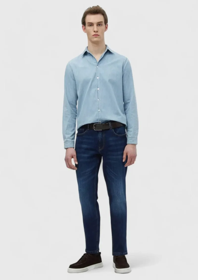 RAMSEY Navy Blue Slim Fit Denim Cotton Blended Trousers