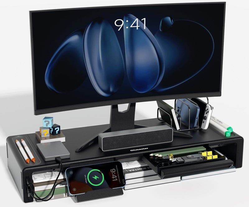 OImatser Monitor Riser 30 USB HUB Foldable Computer Stand with TypeC Port Adjustable Length and Storage Drawer Pen Slot Phone Stand