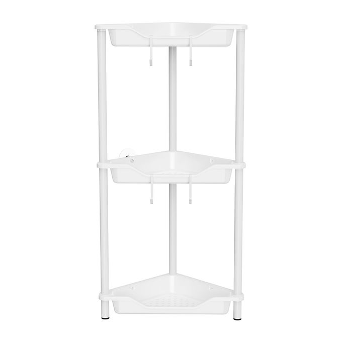 RUSTPROOF 3 TIER FLOOR STANDING CORNER SHOWER CADDY ORGANIZER PLASTIC METAL SPLICING FLOOR CORNER SHELF RACK STANDS FOR BATHROOM WHITE