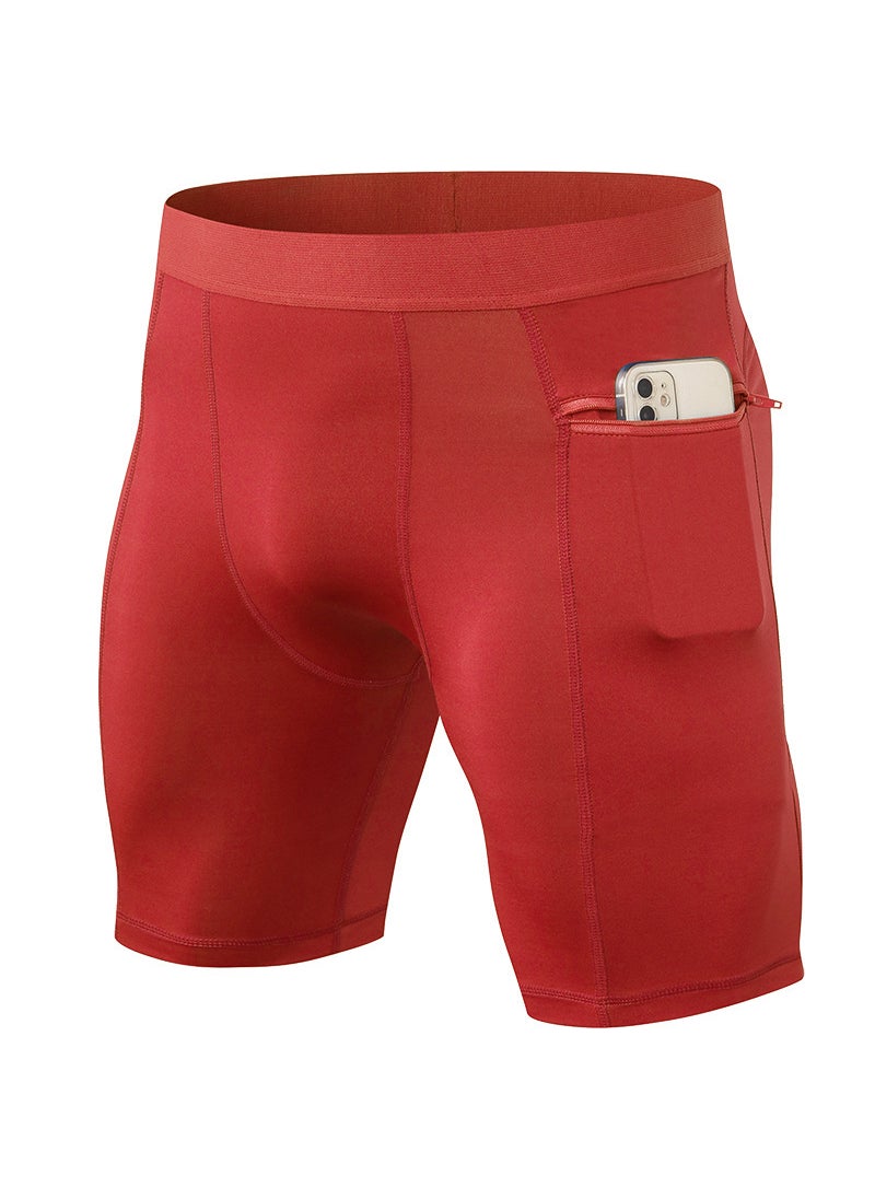 Generic Men Tight Fitness Shorts Zipper Pocket PRO Stretch Sweat Quick Dry Running Training Sports Pants 11407 Red 