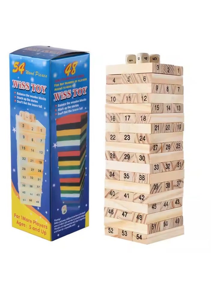 Classic wooden tumbling tower game with 54 smooth wood block/ Wooden Blocks Stacking Building Set/ balancing blocks. Stack, balance and build your way up without letting the tower fall. Great fun for kids, adults, and family game nights.  - Image 1