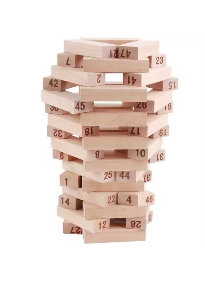 Classic wooden tumbling tower game with 54 smooth wood block/ Wooden Blocks Stacking Building Set/ balancing blocks. Stack, balance and build your way up without letting the tower fall. Great fun for kids, adults, and family game nights.