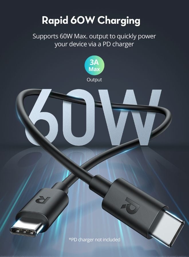 راف باور كابل شحن USB-C إلى USB-C بقوة 60 واط بطول 2 متر (6.6 قدم)، مصنوع من مادة ناعمة وTPE، عمر انحناء يزيد عن 10000، متوافق مع الحافظات، CB1022 - Image 2