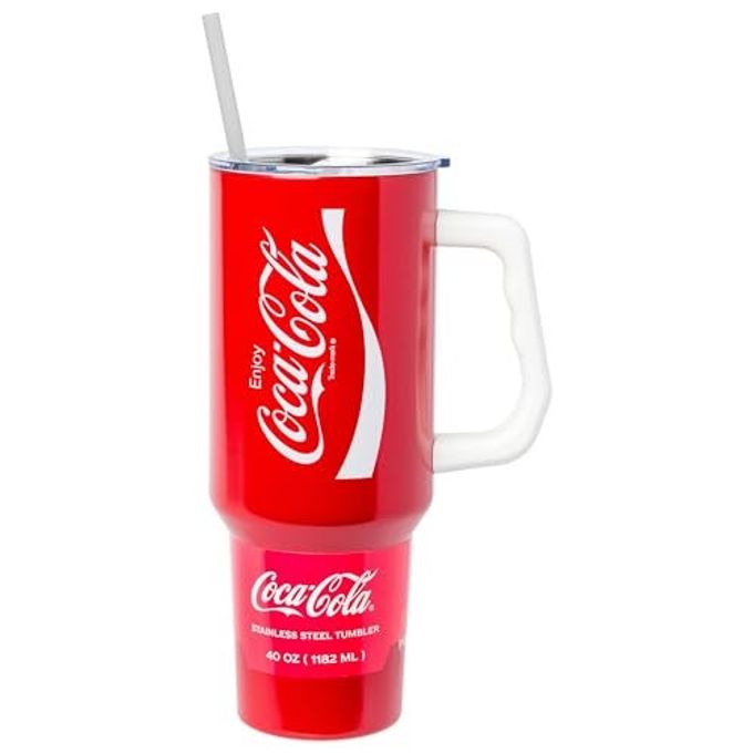 Silver Buffalo Coca-Cola Coke Double Walled Stainless Steel Tumbler with Handle and Straw, Fits in Standard Cup Holder, 40 Ounces