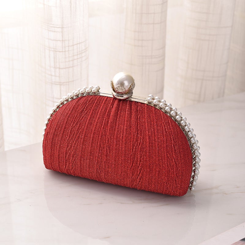 Elegant Pearl-Embellished Pleated Evening Clutch with Clasp Closure - Image 1