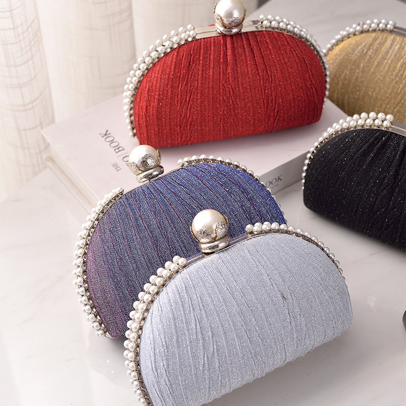 Elegant Pearl-Embellished Pleated Evening Clutch with Clasp Closure - Image 5