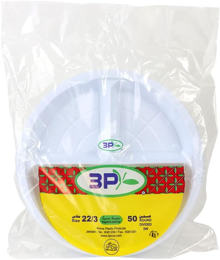 3P Disposable Plastic Divided Round Plates 22cm - 50pcs - Image 1