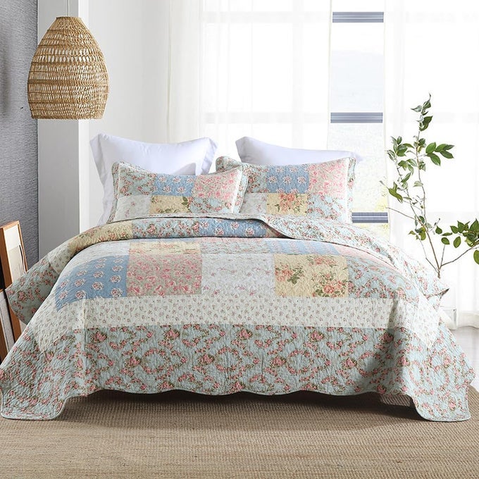 COTTON BEDSPREAD QUILT BEDDING SETS 3 PIECES REVERSIBLE COVERLET SETS COMFORTERS GREEN ROSE FLORAL PATCHWORK BEDSPREAD QUEEN SIZE