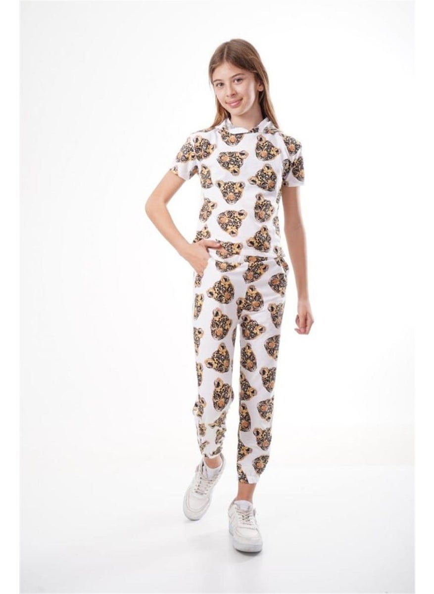 Miniko Kids - New Season Hooded Patterned Girl Short Sleeve Ankle Length Tracksuit Set - Image 1