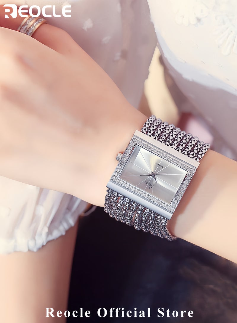 REOCLE Women's Luxury Quartz Wrist Watches Crystal Decorated Bezel Diamond Silver Alloy Square Wristwatches - Image 2